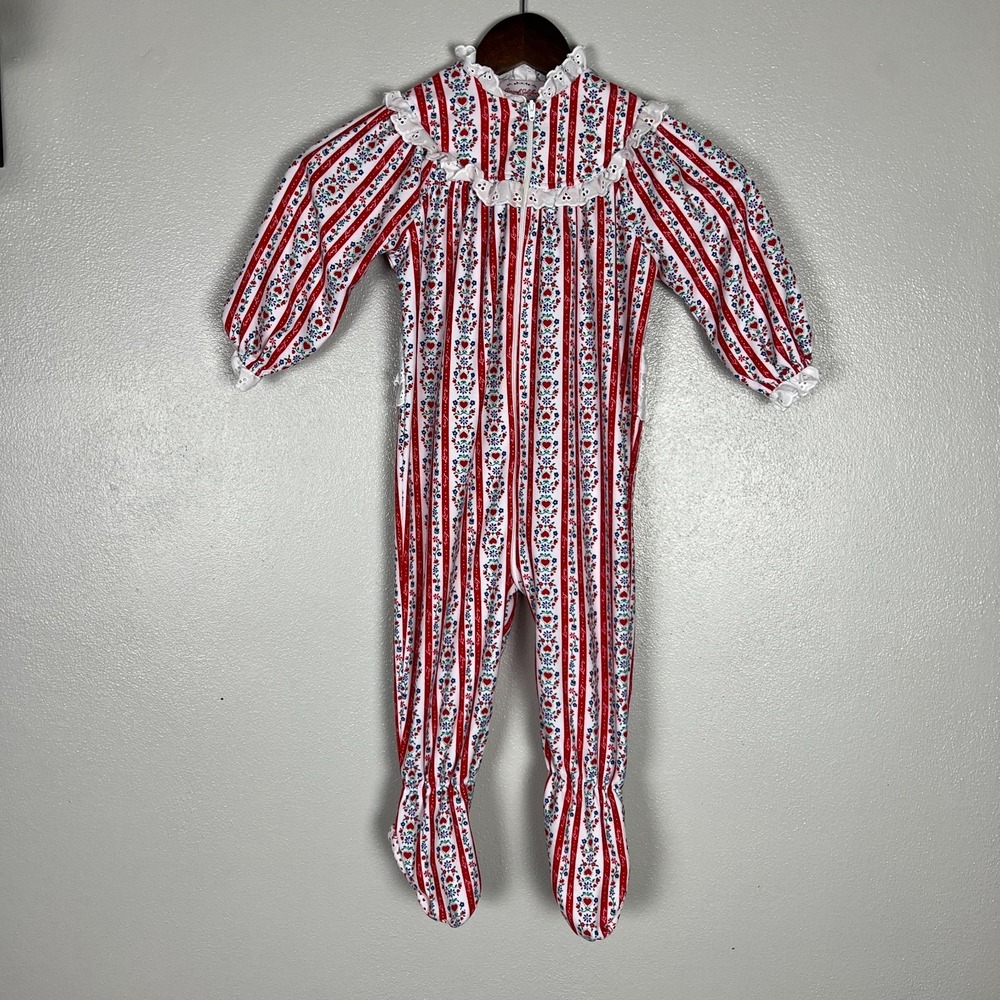 Lanz of Salzburg Footie Pajamas Girls 18M Red Floral Zip Fleece Ruffle Lace Trim